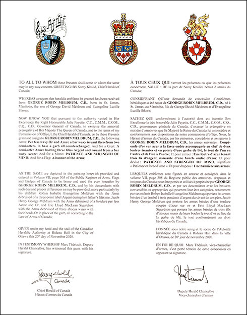 Lettres patentes concédant des emblèmes héraldiques à George Robin Meldrum Lettres patentes concédant des emblèmes héraldiques à George Robin Meldrum