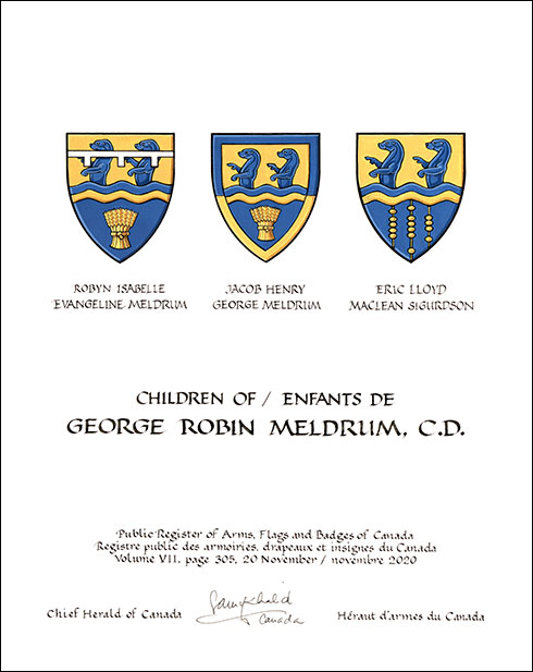 Letters patent granting heraldic emblems to George Robin Meldrum