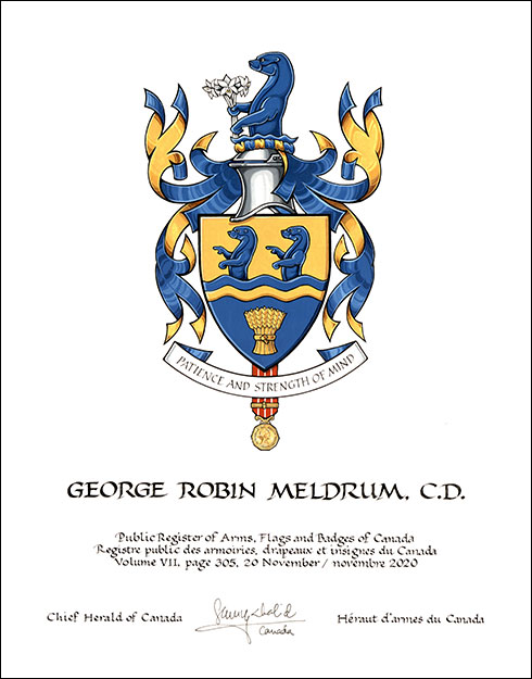 Letters patent granting heraldic emblems to George Robin Meldrum Letters patent granting heraldic emblems to George Robin Meldrum