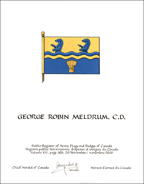 Letters patent granting heraldic emblems to George Robin Meldrum