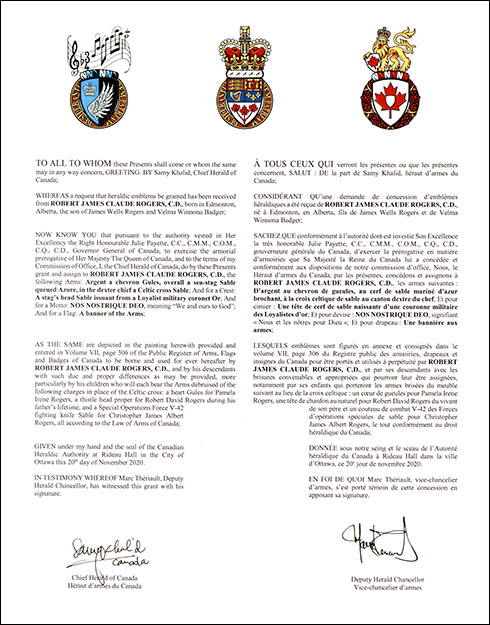 Letters patent granting heraldic emblems to Robert James Claude Rogers