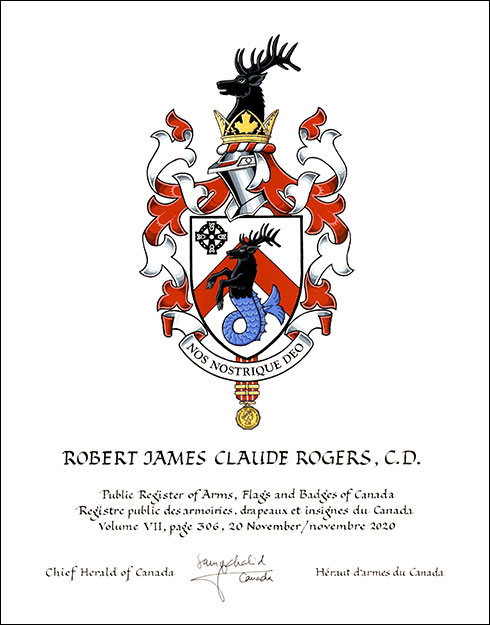 Letters patent granting heraldic emblems to Robert James Claude Rogers