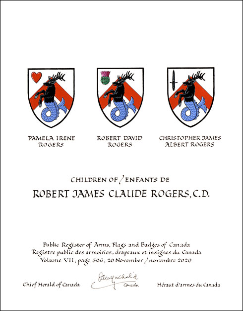 Letters patent granting heraldic emblems to Robert James Claude Rogers Letters patent granting heraldic emblems to Robert James Claude Rogers