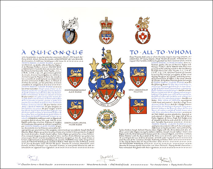 Letters patent granting heraldic emblems to Claude Joseph Daniel Bigras