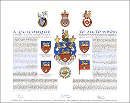 Letters patent granting heraldic emblems to Claude Joseph Daniel Bigras