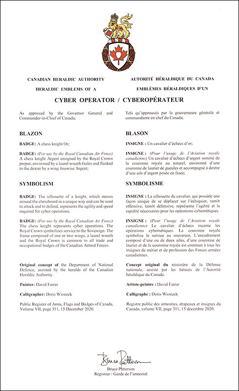 Letters patent approving the heraldic emblems of a Cyber Operator of the Canadian Armed Forces