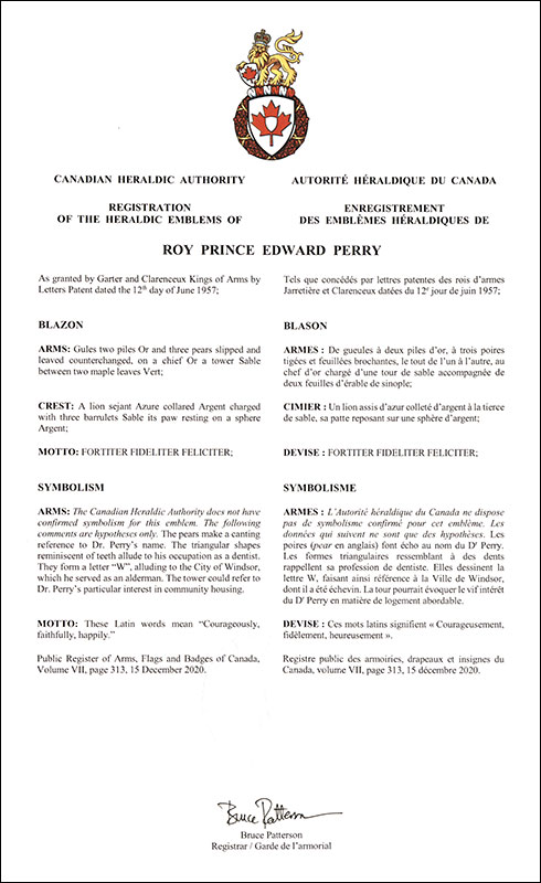 Letters patent registering the heraldic emblems of Roy Prince Edward Perry Letters patent registering the heraldic emblems of Roy Prince Edward Perry