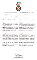 Letters patent registering the heraldic emblems of Roy Prince Edward Perry