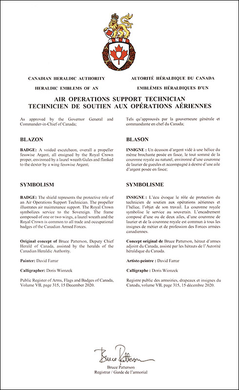 Letters patent approving the heraldic emblems of an Air Operations Support Technician of the Royal Canadian Air Force