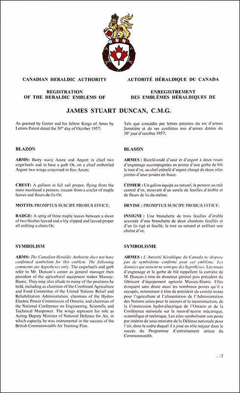 Letters patent registering the heraldic emblems of James Stuart Duncan