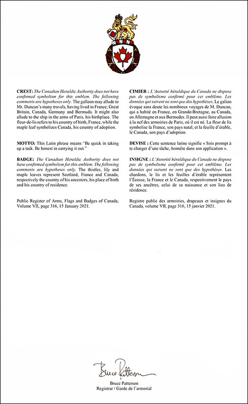 Letters patent registering the heraldic emblems of James Stuart Duncan Letters patent registering the heraldic emblems of James Stuart Duncan