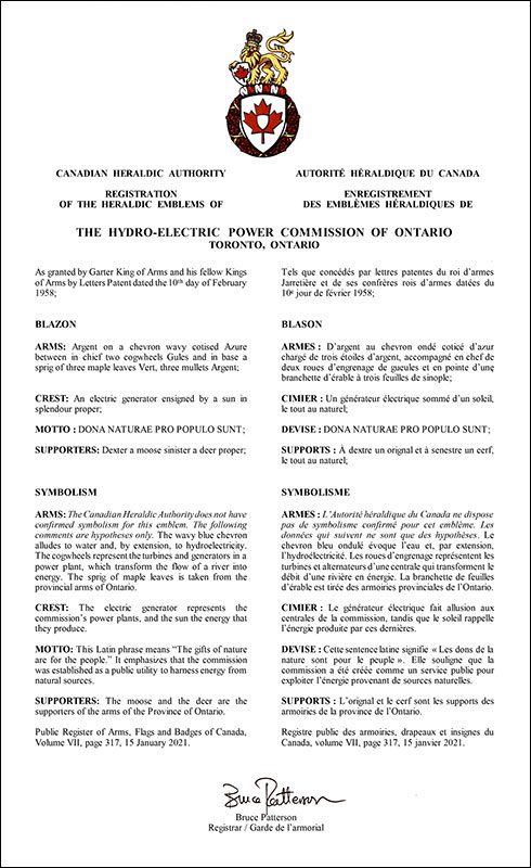 Letters patent registering the heraldic emblems of The Hydro-Electric Power Commission of Ontario