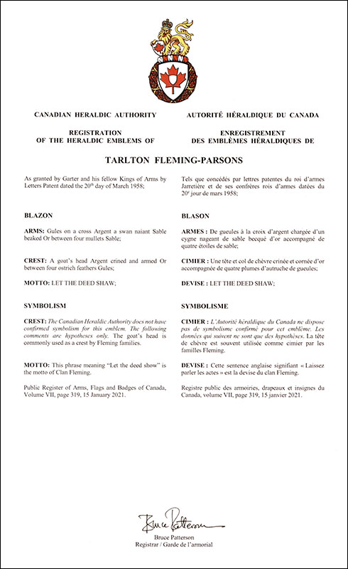 Letters patent registering the heraldic emblems of Tarlton Fleming-Parsons