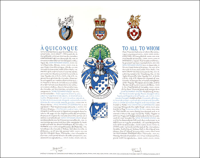 Letters patent granting heraldic emblems to John Edward Gross Letters patent granting heraldic emblems to John Edward Gross