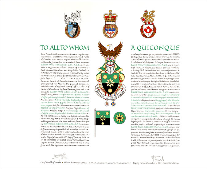 Letters patent granting heraldic emblems to David Paul Werklund