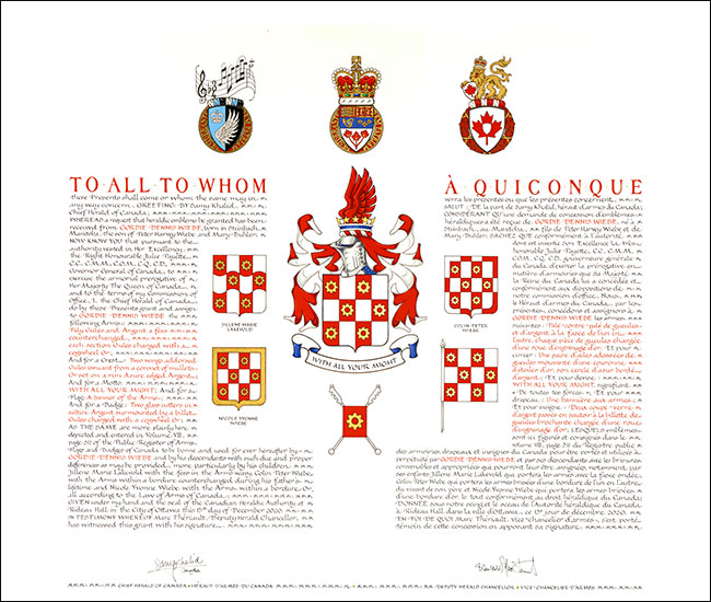 Letters patent granting heraldic emblems to Gordie Dennis Wiebe