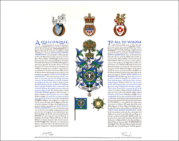 Letters patent granting heraldic emblems to Alain Louis Joseph Laurencelle Letters patent granting heraldic emblems to Alain Louis Joseph Laurencelle