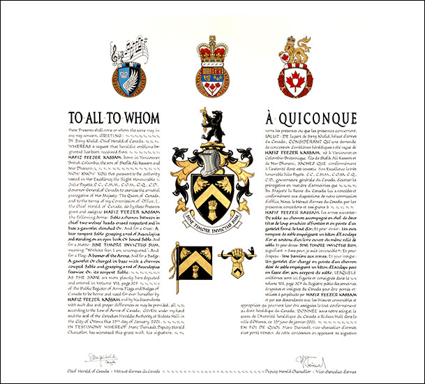 Letters patent granting heraldic emblems to Hafiz Feezer Kassam