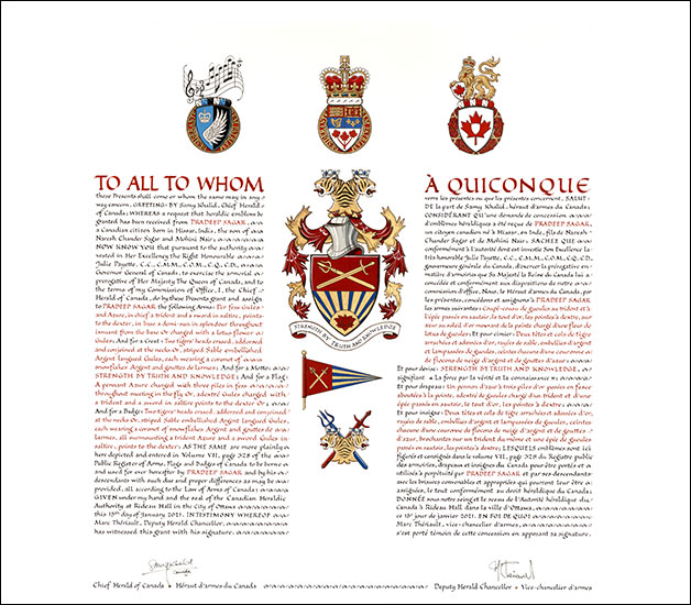 Letters patent granting heraldic emblems to Pradeep Sagar Letters patent granting heraldic emblems to Pradeep Sagar