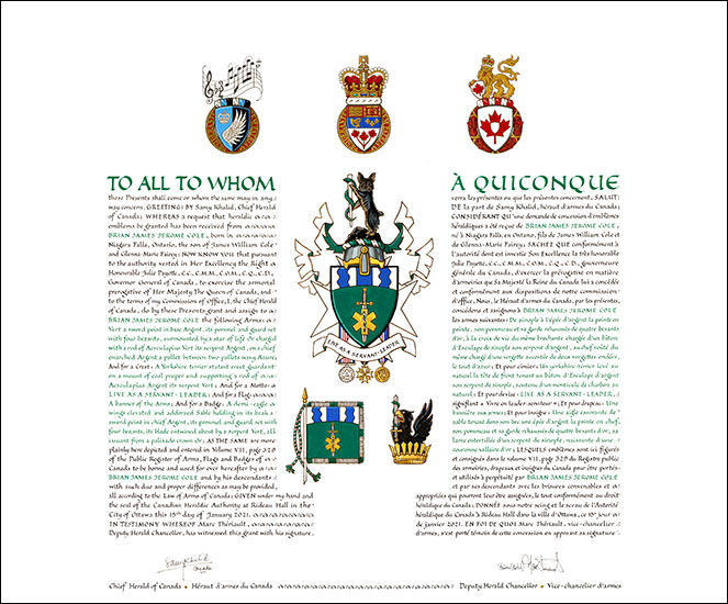 Letters patent granting heraldic emblems to Brian James Jerome Cole Letters patent granting heraldic emblems to Brian James Jerome Cole