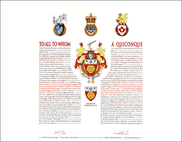 Letters patent granting heraldic emblems to Mordechai (Morty) Minc