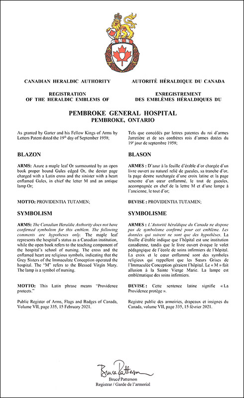 Letters patent registering the heraldic emblems of Pembroke General Hospital