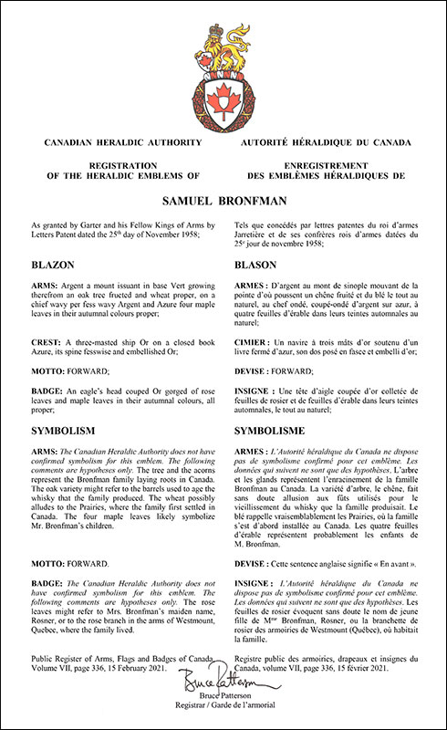 Letters patent registering the heraldic emblems of Samuel Bronfman Letters patent registering the heraldic emblems of Samuel Bronfman