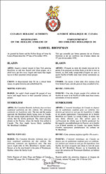 Letters patent registering the heraldic emblems of Samuel Bronfman