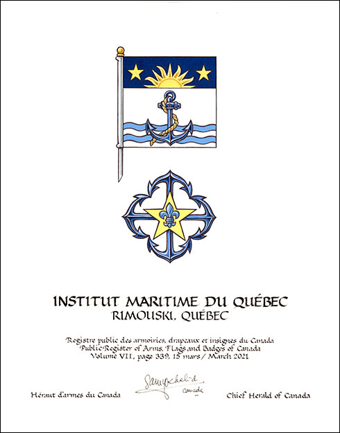 Letters patent granting heraldic emblems to the Institut maritime du Québec Letters patent granting heraldic emblems to the Institut maritime du Québec