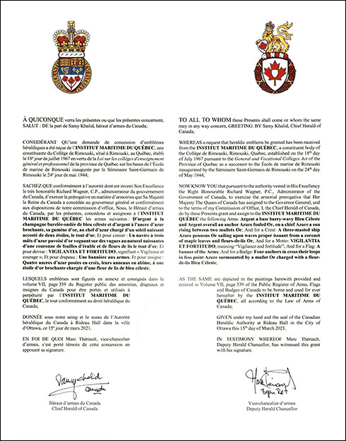 Letters patent granting heraldic emblems to the Institut maritime du Québec Letters patent granting heraldic emblems to the Institut maritime du Québec