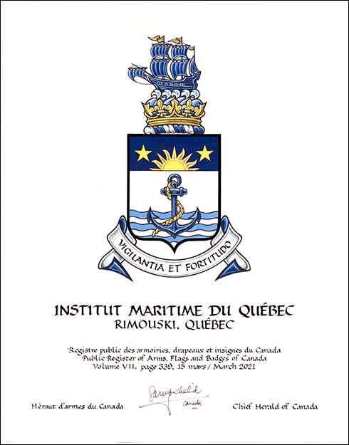 Letters patent granting heraldic emblems to the Institut maritime du Québec Letters patent granting heraldic emblems to the Institut maritime du Québec