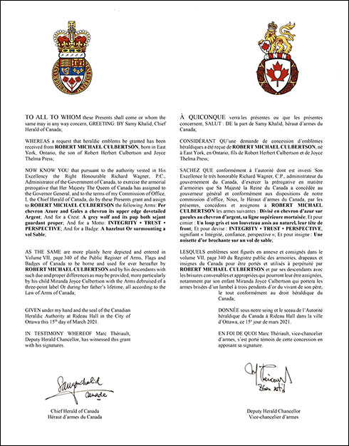 Letters patent granting heraldic emblems to Robert Michael Culbertson Letters patent granting heraldic emblems to Robert Michael Culbertson