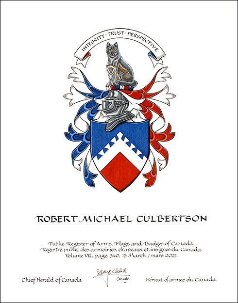 Letters patent granting heraldic emblems to Robert Michael Culbertson Letters patent granting heraldic emblems to Robert Michael Culbertson