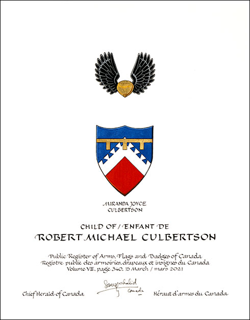 Letters patent granting heraldic emblems to Robert Michael Culbertson