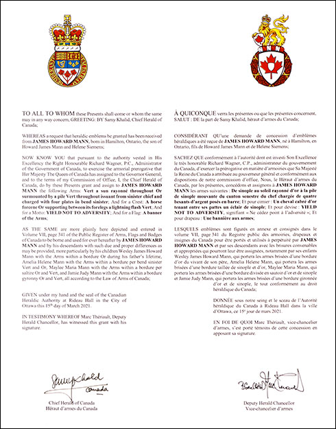 Letters patent granting heraldic emblems to James Howard Mann Letters patent granting heraldic emblems to James Howard Mann