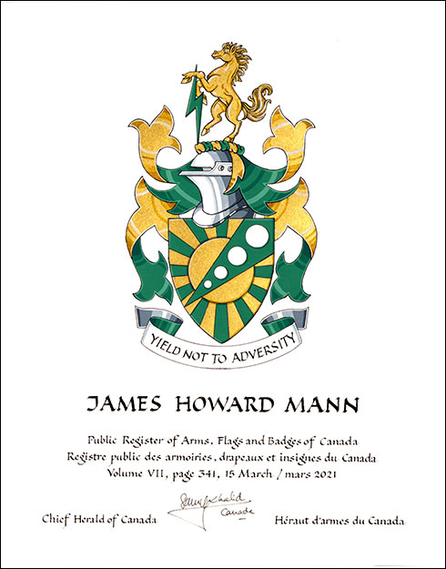 Letters patent granting heraldic emblems to James Howard Mann Letters patent granting heraldic emblems to James Howard Mann