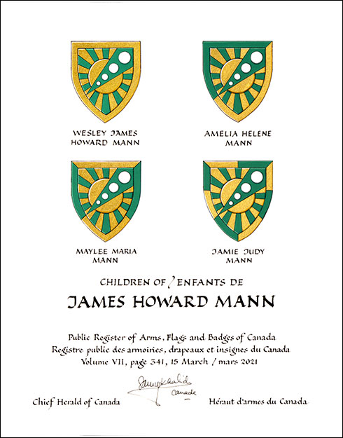 Letters patent granting heraldic emblems to James Howard Mann Letters patent granting heraldic emblems to James Howard Mann
