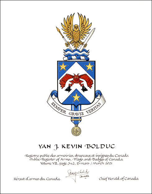 Letters patent granting heraldic emblems to Yan J. Kevin Bolduc