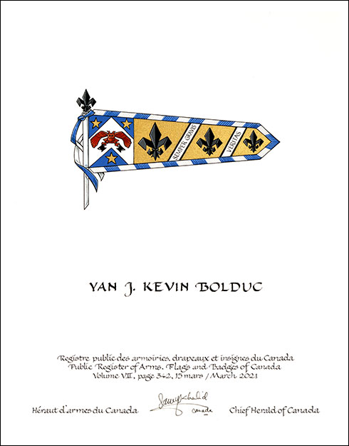 Letters patent granting heraldic emblems to Yan J. Kevin Bolduc