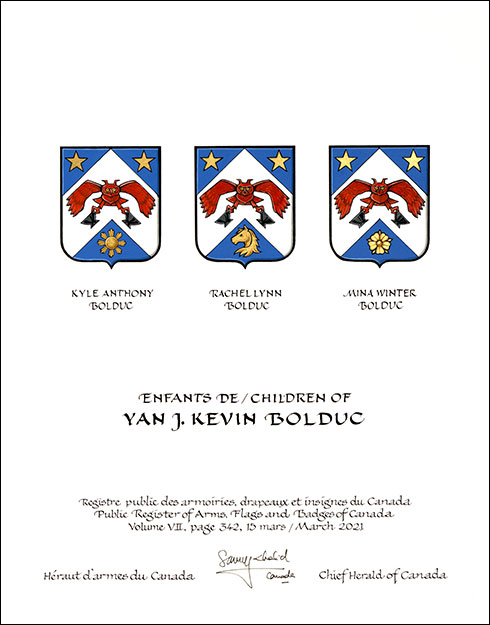 Letters patent granting heraldic emblems to Yan J. Kevin Bolduc Letters patent granting heraldic emblems to Yan J. Kevin Bolduc