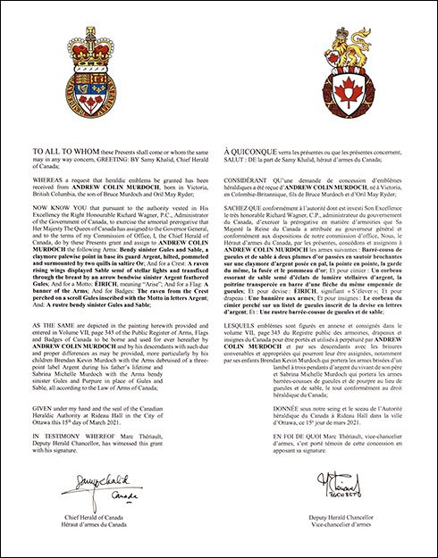 Letters patent granting heraldic emblems to Andrew Colin Murdoch