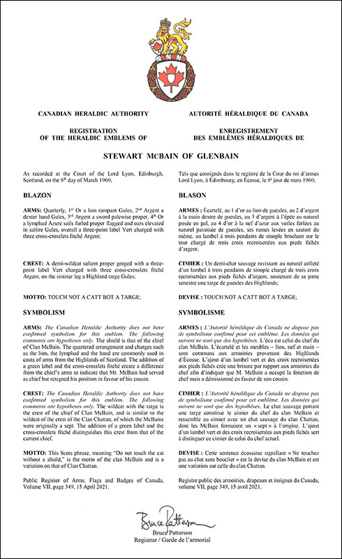 Arms of Stewart McBain of Glenbain Arms of Stewart McBain of Glenbain
