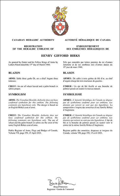 Letters patent registering the heraldic emblems of Henry Gifford Birks Letters patent registering the heraldic emblems of Henry Gifford Birks