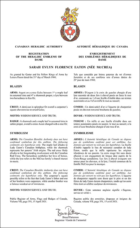 Letters patent registering the heraldic emblems of Sarah Evlyn Florence Eaton (née McCrae) Letters patent registering the heraldic emblems of Sarah Evlyn Florence Eaton (née McCrae)