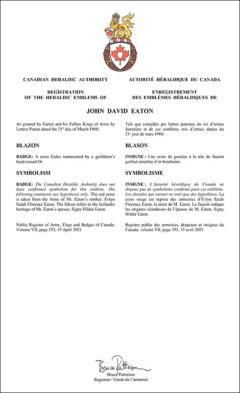 Letters patent registering the heraldic emblems of John David Eaton
