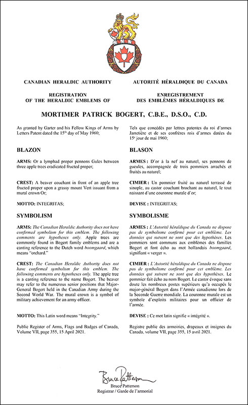 Letters patent registering the heraldic emblems of Mortimer Patrick Bogert