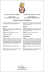 Letters patent registering the heraldic emblems of Charles William Barrett