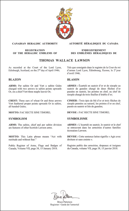 Letters Patent registering the Arms of Thomas Wallace Lawson