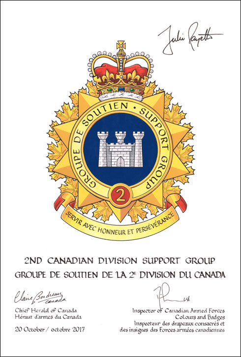 Letters patent approving the heraldic emblems of the 2nd Canadian Division Support Group