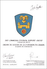 Letters patent approving the heraldic emblems of the 3rd Canadian Division Support Group